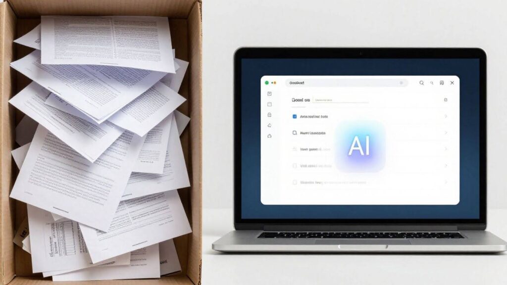 AI email responder interface replacing a cluttered physical inbox.