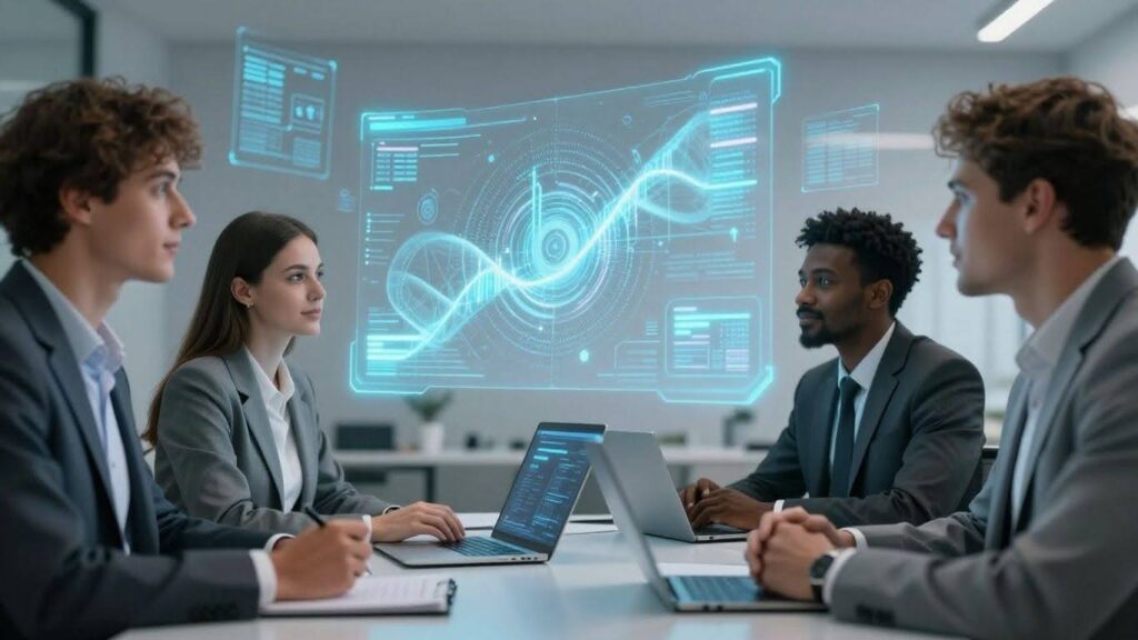 Business owners interacting with AI interfaces.