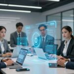 Business professionals interacting with AI interfaces.