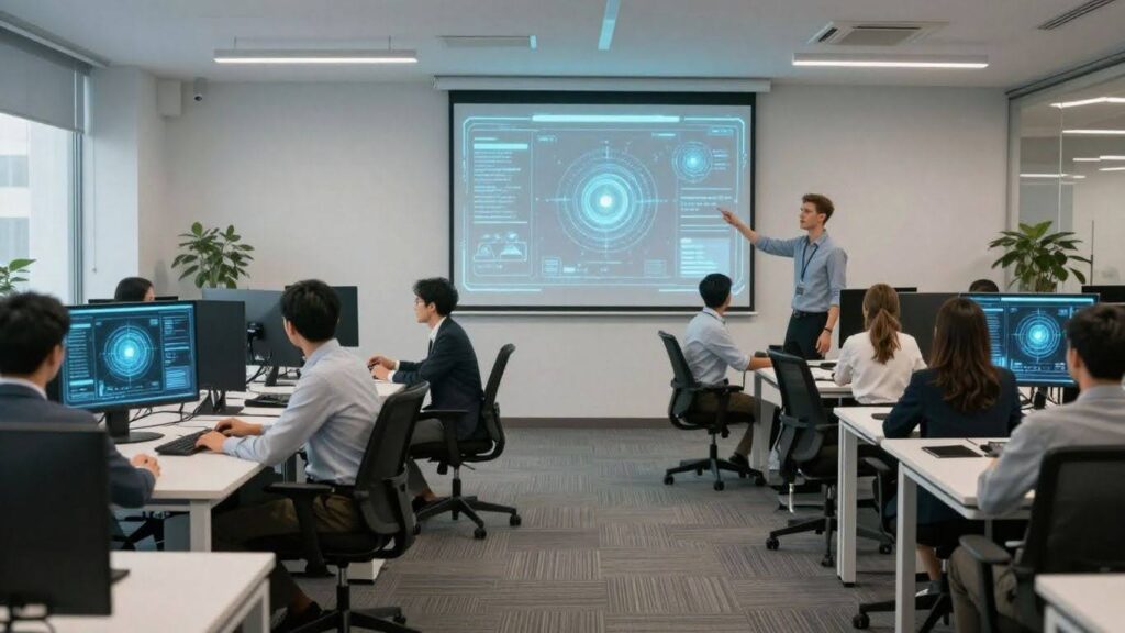 Business professionals interacting with AI interfaces in an office.