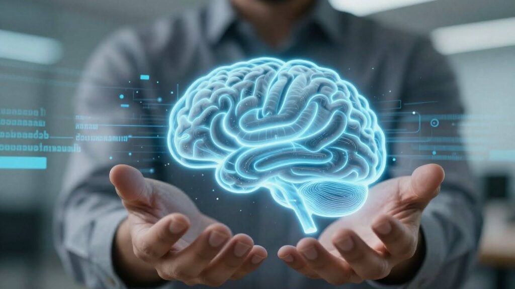 Hands holding glowing digital brain with code