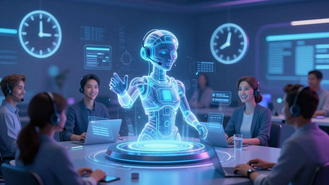 AI customer support agent interacting with happy customers