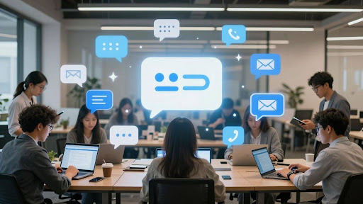 People with devices and digital icons merging in office setting.
