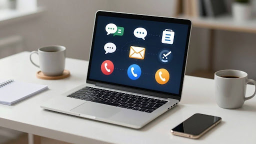 AI data flowing into a CRM interface on a laptop.