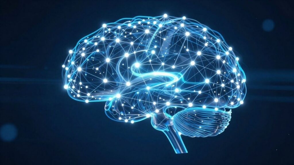 Abstract digital brain with glowing data streams.