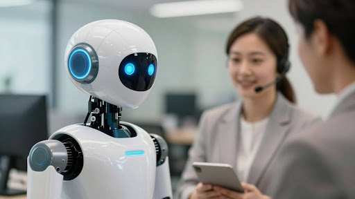 AI robot and human customer service agent collaborating.