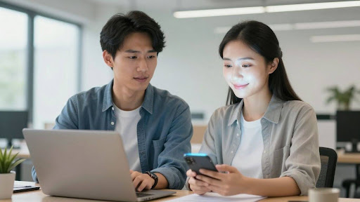 Business owner using AI for customer communication.