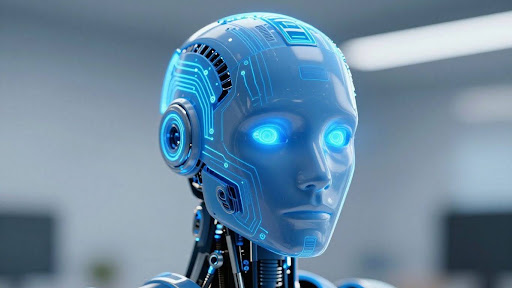AI robot head with glowing eyes 