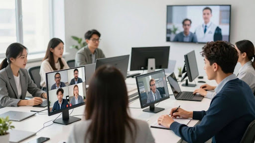 Team collaborating on a video call with real-time transcription.