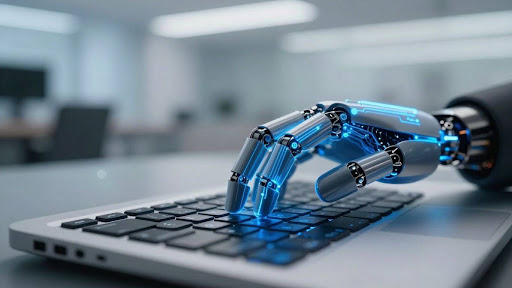 Robotic hand typing on a futuristic keyboard.