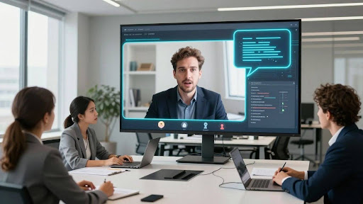 Team collaborating on a video call with real-time transcription. Real-time call transcription