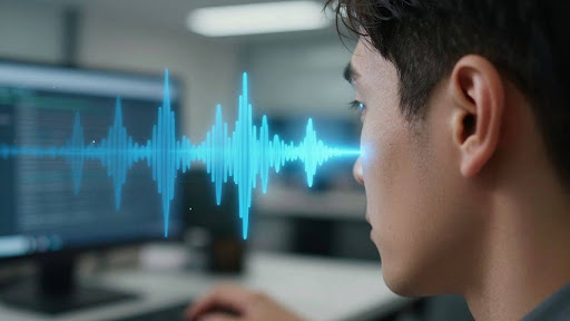 Sound waves transforming into data from an ear.