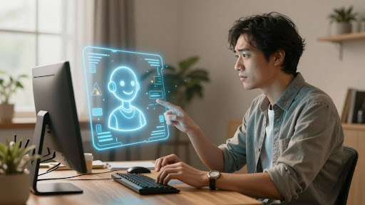 Business owner using friendly AI for customer communication. AI Customer Communication 