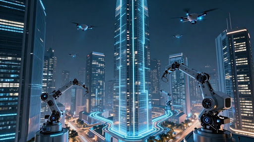 AI agents working in a futuristic city.